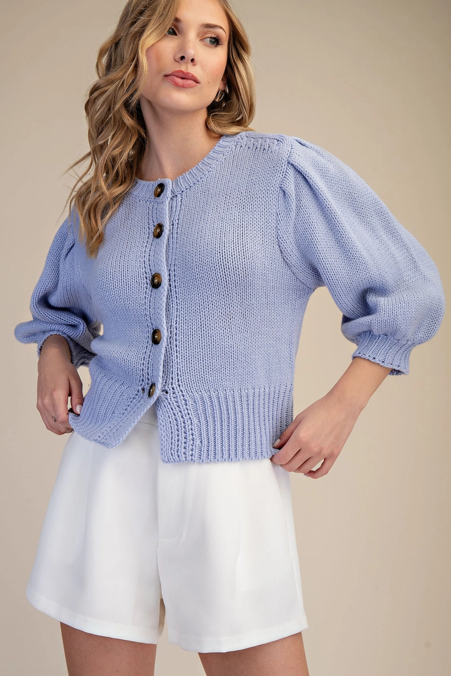 Short Puff Sleeve Button Down Sweater in Blue