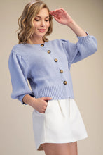 Short Puff Sleeve Button Down Sweater in Blue