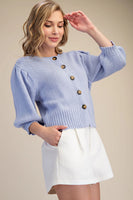 Short Puff Sleeve Button Down Sweater in Blue