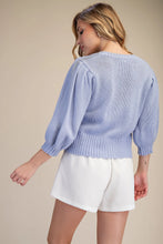 Short Puff Sleeve Button Down Sweater in Blue