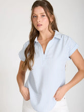 Stripe Collared V Neck Cuff Sleeve Shirt in Blue