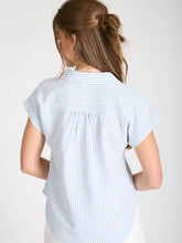 Stripe Collared V Neck Cuff Sleeve Shirt in Blue