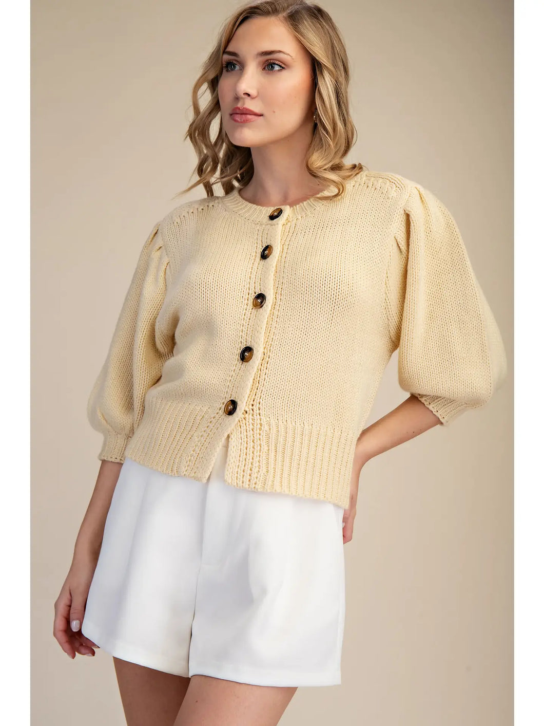 Short Puff Sleeve Button Down Sweater in Butter Yellow