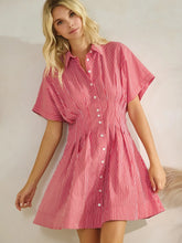 Button Down Pleated Shirt Stripe Dress in Red/White