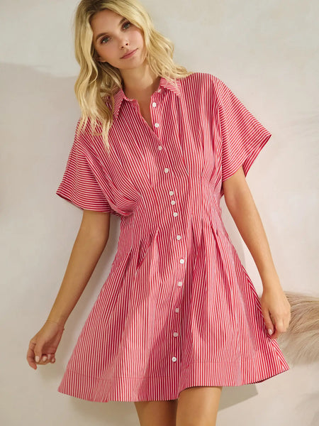 Button Down Pleated Shirt Stripe Dress in Red/White