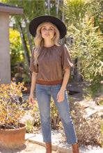 Voy Ribbed Knit Band Solid Faux Leather Top in Brown