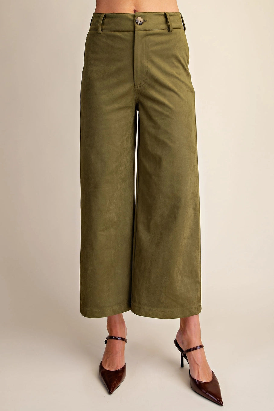 Faux Suede High Waist Wide Crop Pants in Olive