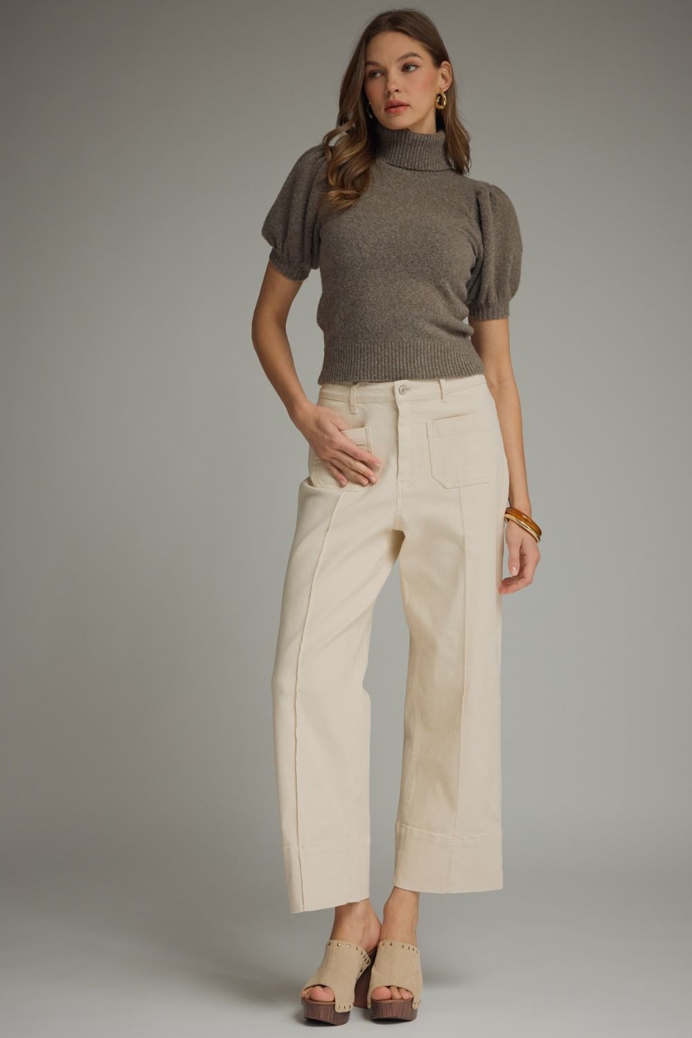 Entro Solid Wide Leg Pants in Ecru