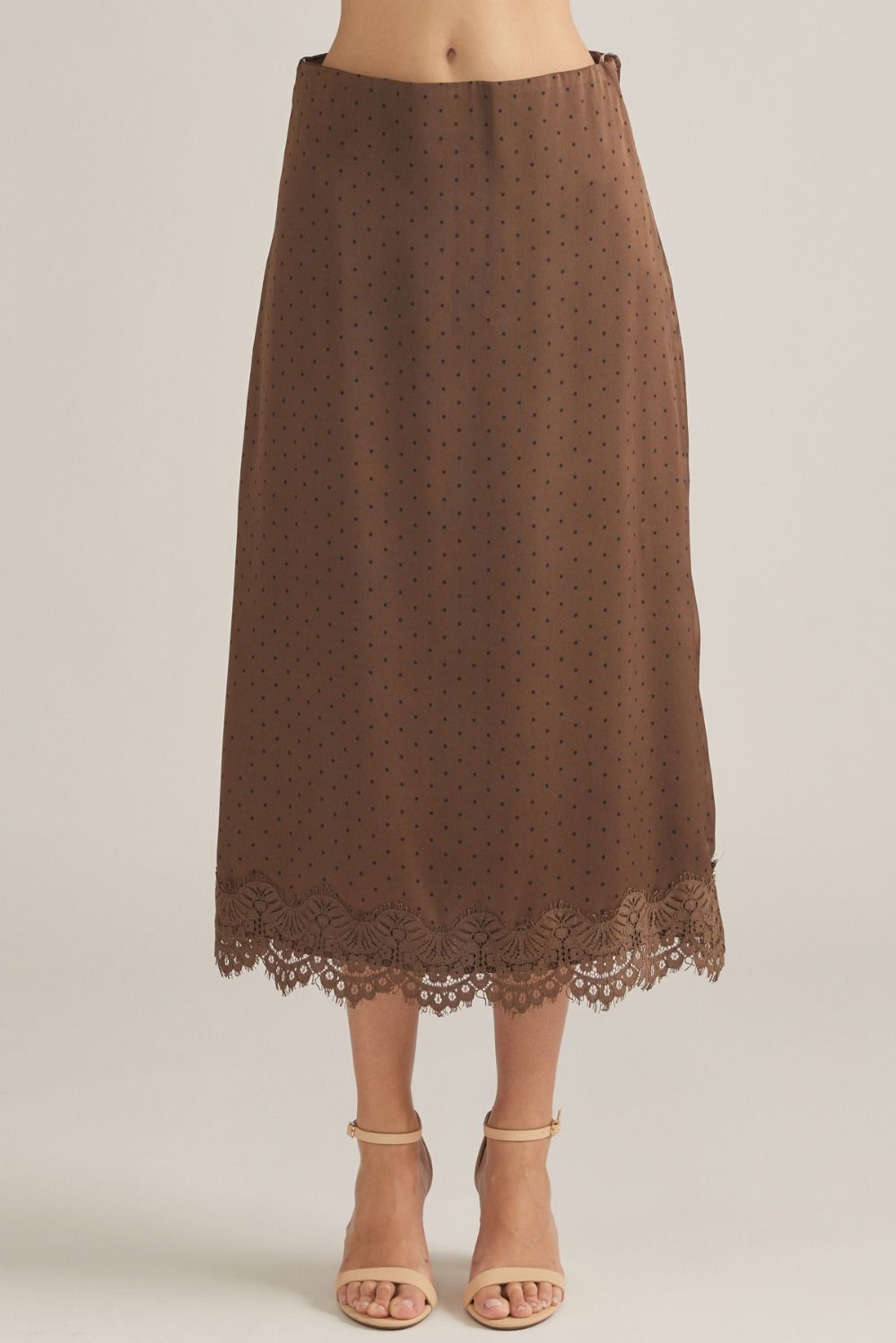 Entro Polka Dot Midi Skirt with Lace Trim in Mocha