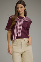 Entro Short Sleeve Top with Striped Scarf in Wine