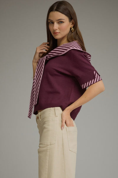 Entro Short Sleeve Top with Striped Scarf in Wine
