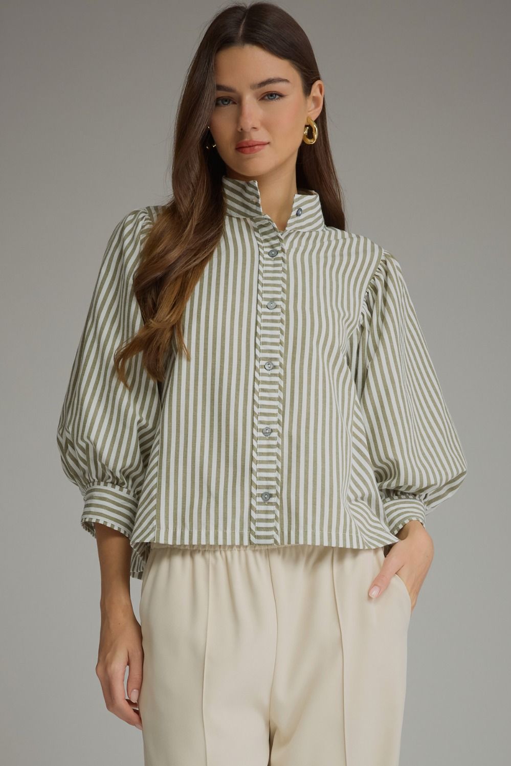 Entro 3/4 Puff Sleeve Striped Top in Olive
