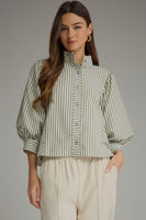 Entro 3/4 Puff Sleeve Striped Top in Olive