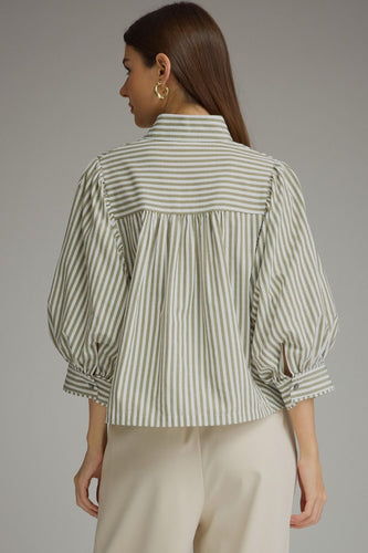 Entro 3/4 Puff Sleeve Striped Top in Olive