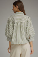 Entro 3/4 Puff Sleeve Striped Top in Olive