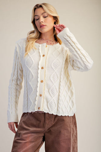 Easel BUTTON DOWN KNITTED SWEATER CARDIGAN IN IVORY