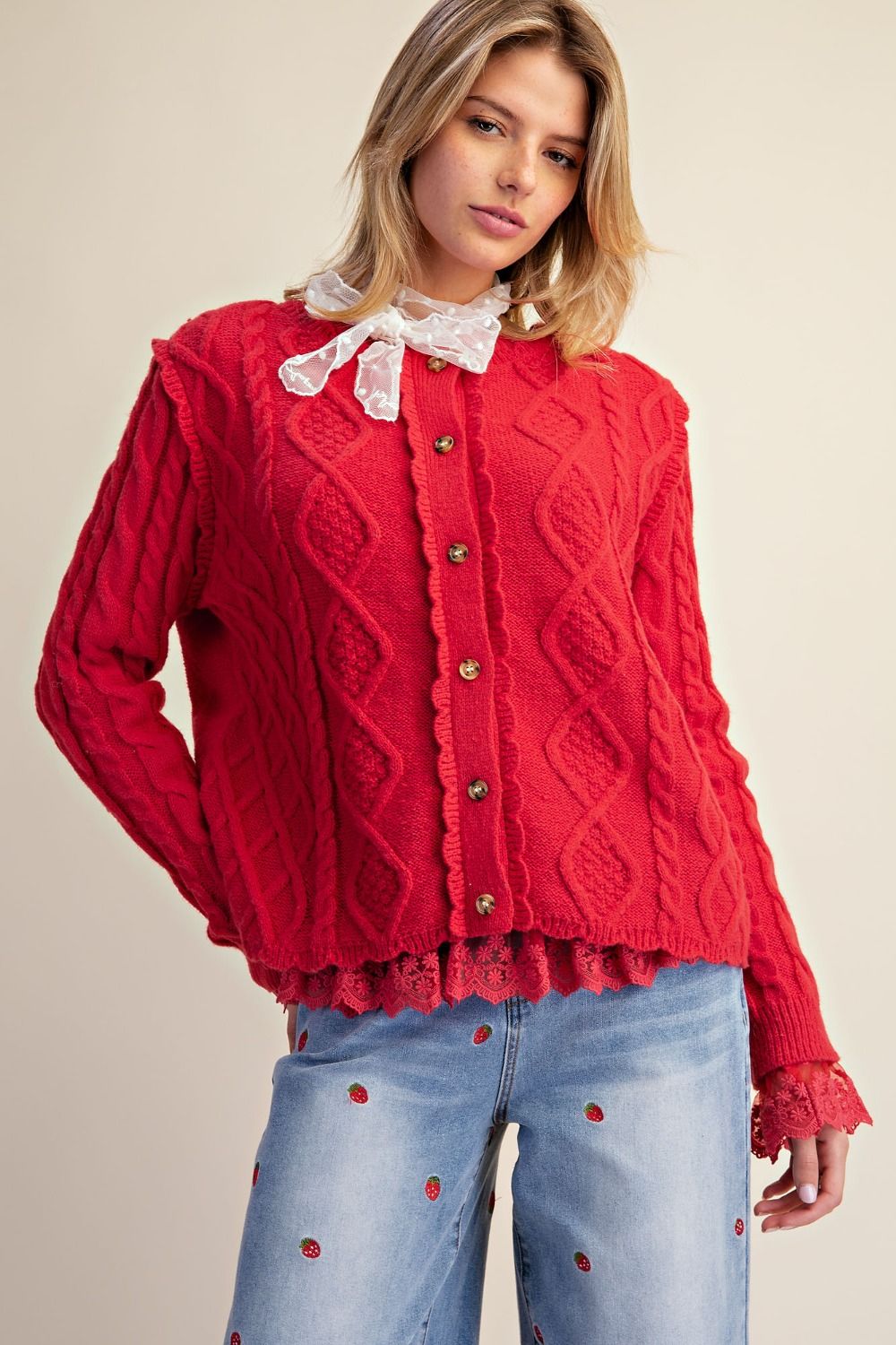 Easel BUTTON DOWN KNITTED SWEATER CARDIGAN IN RED