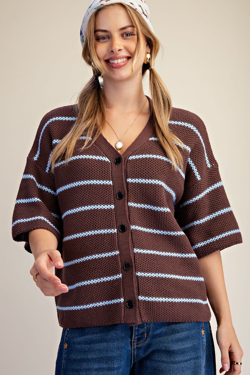 Easel Striped Sweater Cardigan in Brown