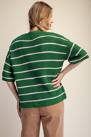 Easel Striped Sweater Cardigan in Forest Green