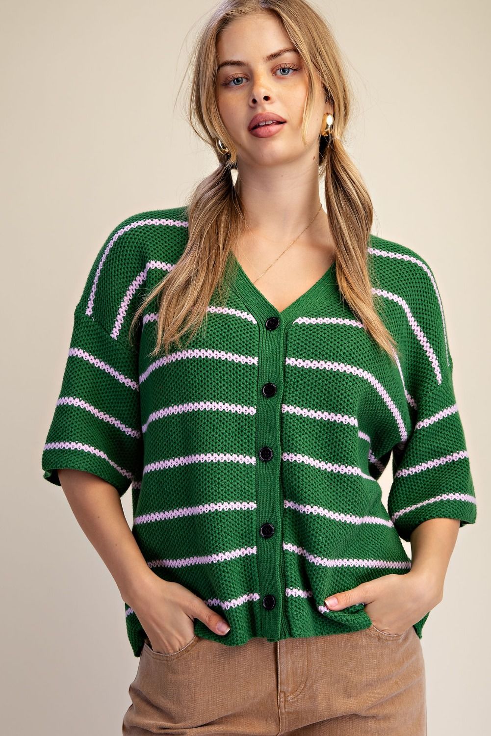 Easel Striped Sweater Cardigan in Forest Green