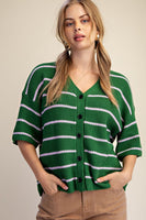 Easel Striped Sweater Cardigan in Forest Green