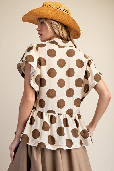 Easel POLKA DOTS BUTTON DOWN RUFFLE TOP