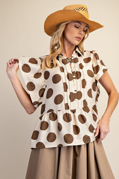 Easel POLKA DOTS BUTTON DOWN RUFFLE TOP