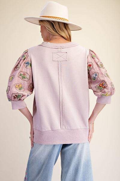 Easel Elbow Sleeve Terry Knit Top in Dusty Rose