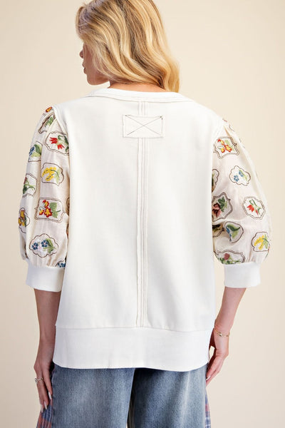 Easel Elbow Sleeve Terry Knit Top in Ivory
