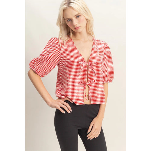 Gingham Bow Tie Puff Sleeve Blouse in Red