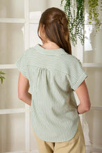 Stripe Collared V Neck Cuff Sleeve Shirt in Green