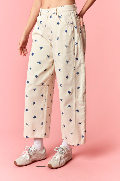 Peach Love Washed Distressed Stars Printed Twill Barrel Pants