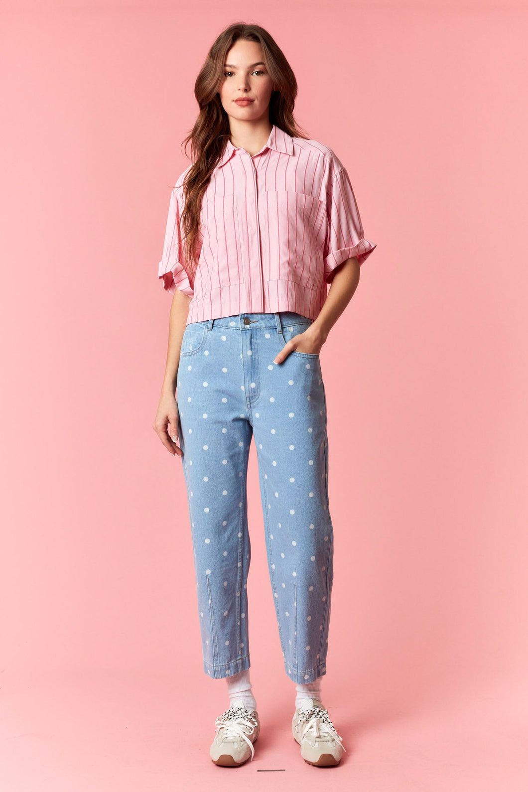 Peach Love Polka Dot Printed Denim Barrel Jeans