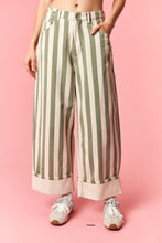 Peach Love Stripe Rolled Up Barrel Printed Jeans in Sage