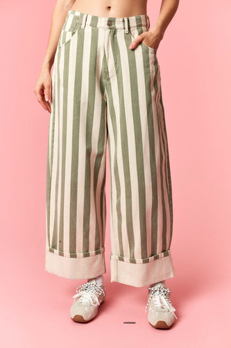 Peach Love Stripe Rolled Up Barrel Printed Jeans in Sage