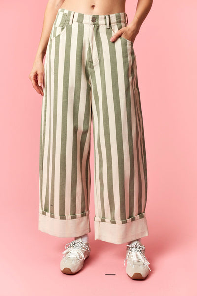 Peach Love Stripe Rolled Up Barrel Printed Jeans in Sage