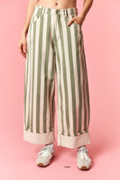 Peach Love Stripe Rolled Up Barrel Printed Jeans in Sage
