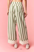 Peach Love Stripe Rolled Up Barrel Printed Jeans in Sage