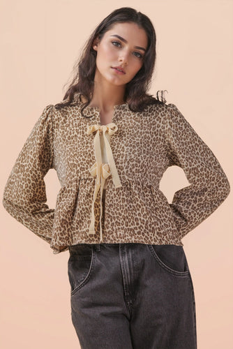 Leopard Printed Front Tie Woven Blouse Top in Ivory