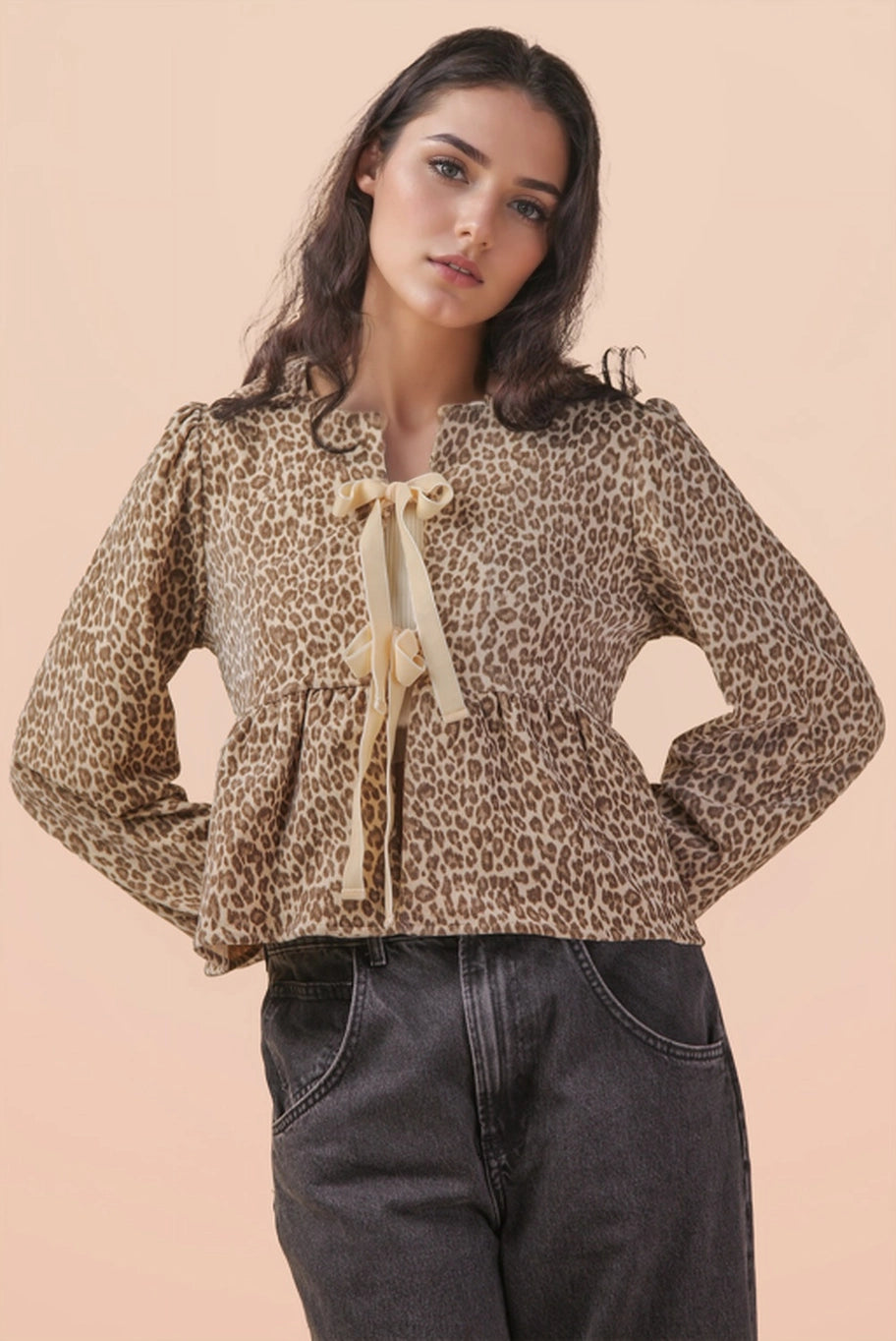 Leopard Printed Front Tie Woven Blouse Top in Ivory