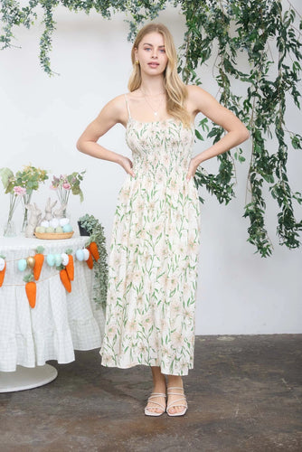 Floral Smocked Spaghetti Strap Midi Sundress