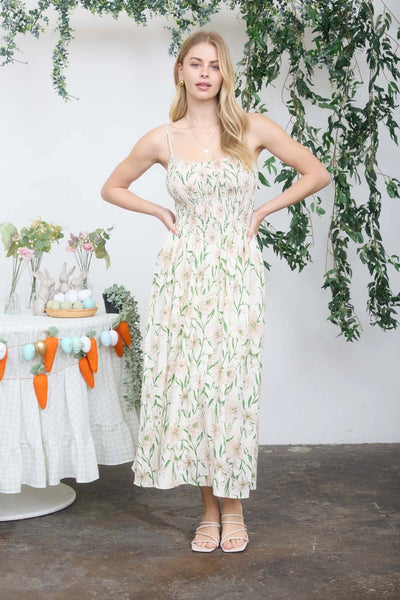 Floral Smocked Spaghetti Strap Midi Sundress