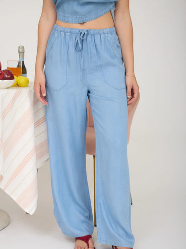 Chambray Drawstring Wide Leg Lounge Pants