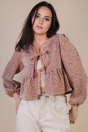 Leopard Printed Front Tie Woven Blouse Top in Mauve