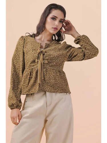Leopard Printed Front Tie Woven Blouse Top in Olive