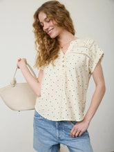 Polka Dot Lace Trim Half Button Short Sleeve Top in Oatmeal