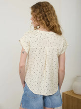 Polka Dot Lace Trim Half Button Short Sleeve Top in Oatmeal
