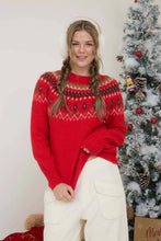 Fuzzy Fair Isle Crew Neck Knit Pullover Sweater in Red