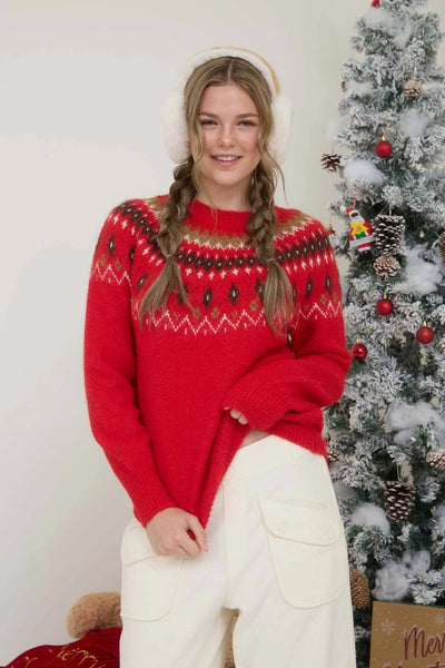 Fuzzy Fair Isle Crew Neck Knit Pullover Sweater in Red