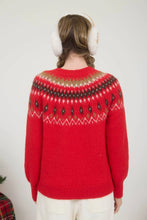 Fuzzy Fair Isle Crew Neck Knit Pullover Sweater in Red